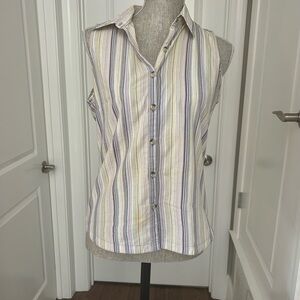 Columbia Women’s Cotton Button Down Sleeveless Purple & Yellow Stripe Shirt Sz S
